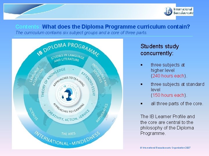 Contents: What does the Diploma Programme curriculum contain? The curriculum contains six subject groups