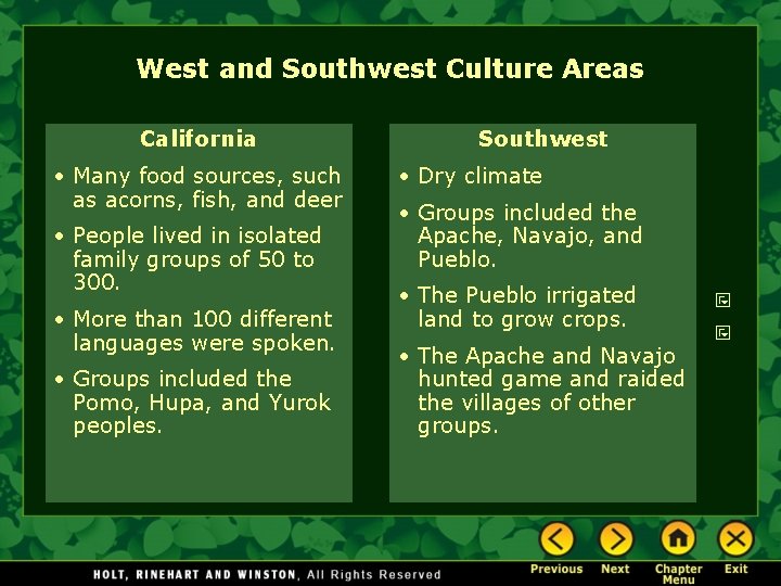 West and Southwest Culture Areas California • Many food sources, such as acorns, fish,