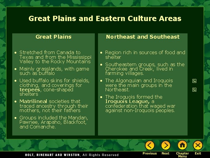 Great Plains and Eastern Culture Areas Great Plains Northeast and Southeast • Stretched from