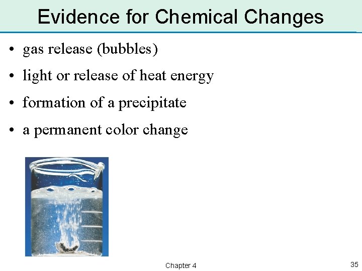 Evidence for Chemical Changes • gas release (bubbles) • light or release of heat