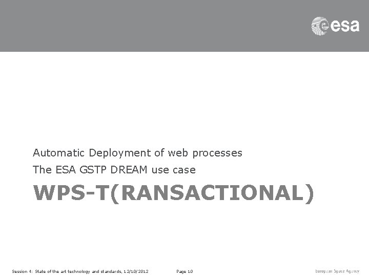 Automatic Deployment of web processes The ESA GSTP DREAM use case WPS-T(RANSACTIONAL) Session 4: