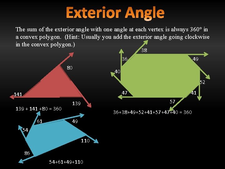 The sum of the exterior angle with one angle at each vertex is always