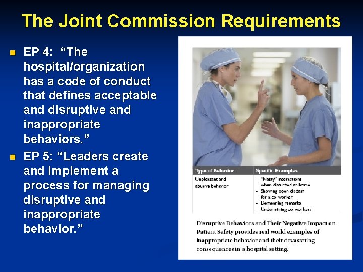 The Joint Commission Requirements n n EP 4: “The hospital/organization has a code of