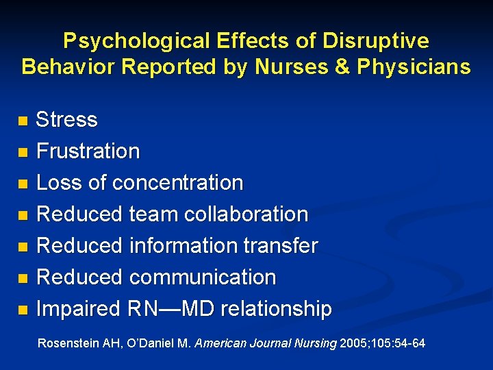 Psychological Effects of Disruptive Behavior Reported by Nurses & Physicians Stress n Frustration n