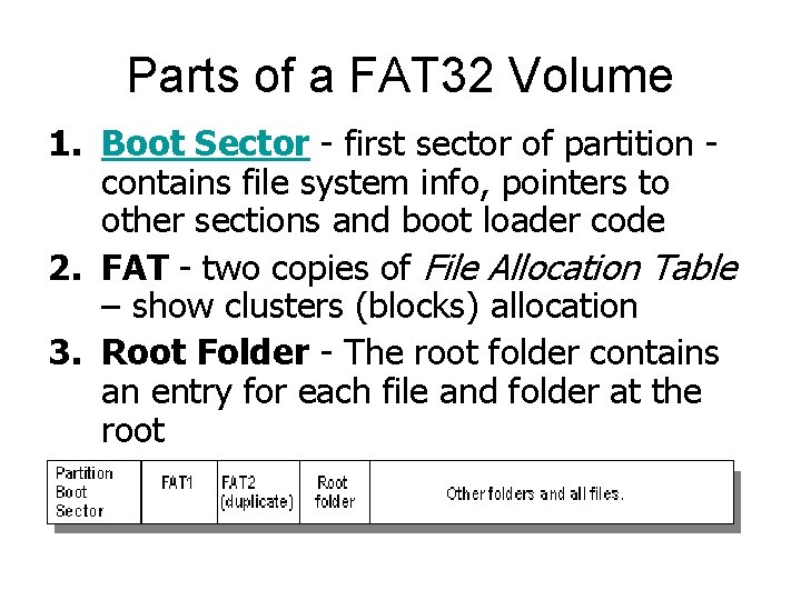 Parts of a FAT 32 Volume 1. Boot Sector - first sector of partition