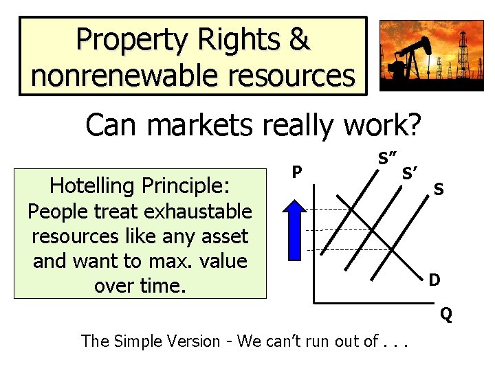 Property Rights & nonrenewable resources Can markets really work? Hotelling Principle: P S” S’