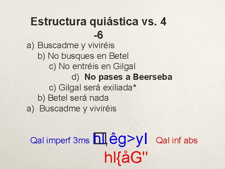 Estructura quiástica vs. 4 -6 a) Buscadme y viviréis b) No busques en Betel