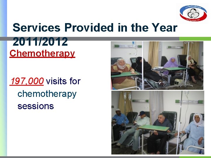 Services Provided in the Year 2011/2012 Chemotherapy 197, 000 visits for chemotherapy sessions 24