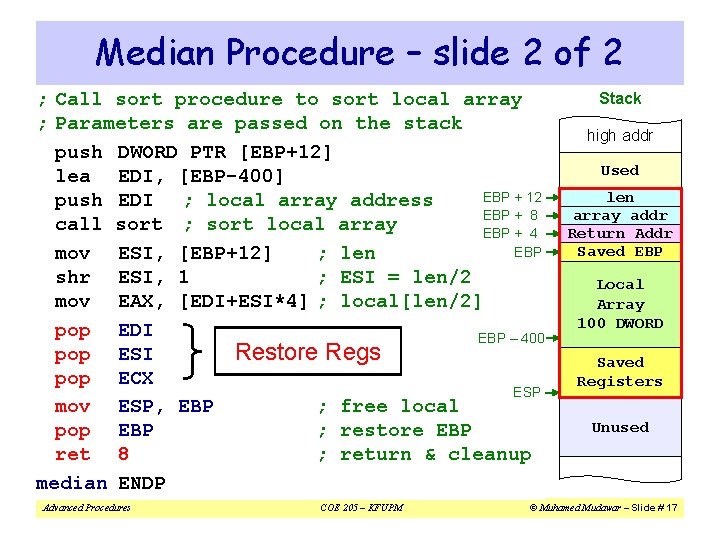 Median Procedure – slide 2 of 2 ; Call sort procedure to sort local