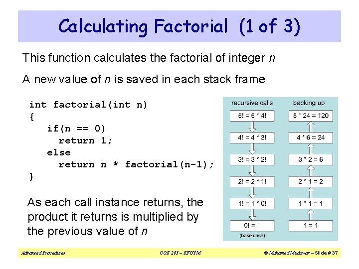 Calculating Factorial (1 of 3) This function calculates the factorial of integer n A