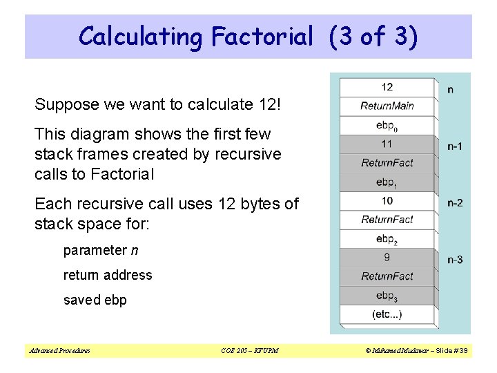 Calculating Factorial (3 of 3) Suppose we want to calculate 12! This diagram shows