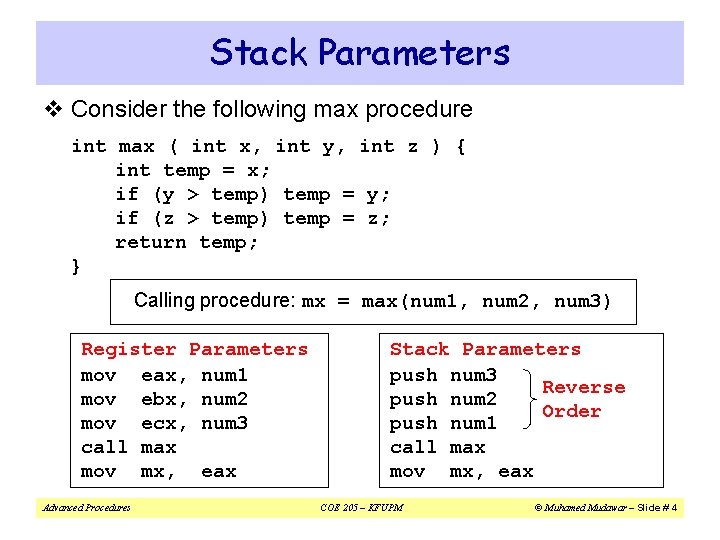 Stack Parameters v Consider the following max procedure int max ( int x, int