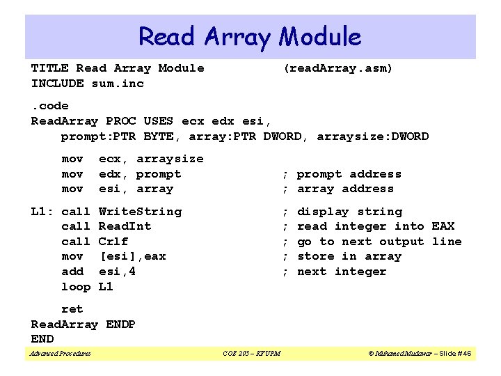 Read Array Module TITLE Read Array Module INCLUDE sum. inc (read. Array. asm) . Read Array Module TITLE Read Array Module INCLUDE sum. inc (read. Array. asm) .