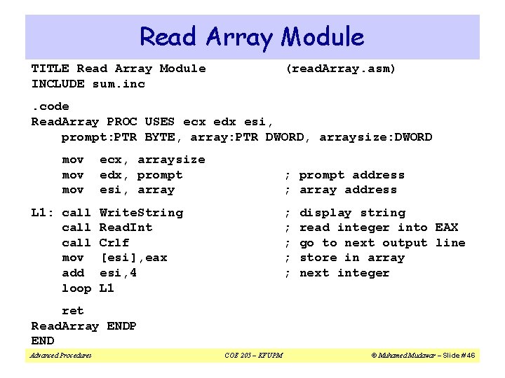 Read Array Module TITLE Read Array Module INCLUDE sum. inc (read. Array. asm) .