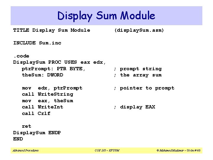 Display Sum Module TITLE Display Sum Module (display. Sum. asm) INCLUDE Sum. inc. code