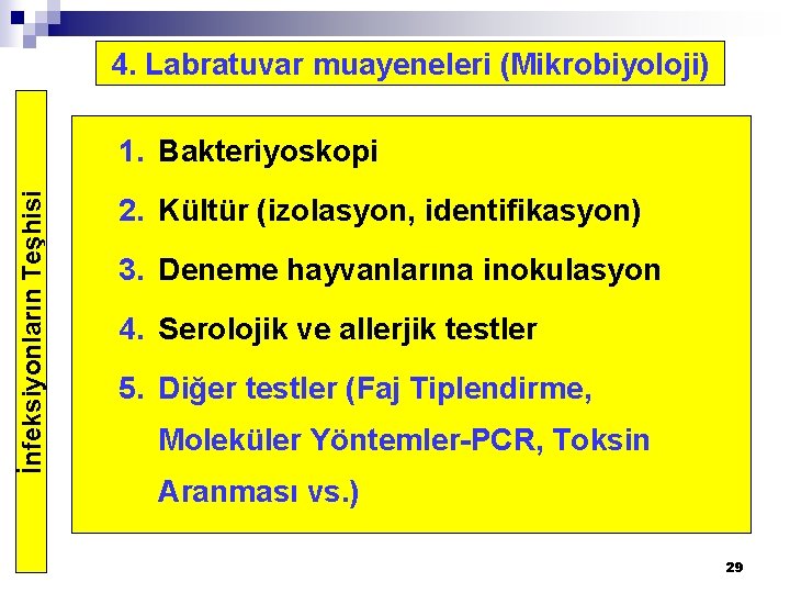 4. Labratuvar muayeneleri (Mikrobiyoloji) İnfeksiyonların Teşhisi 1. Bakteriyoskopi 2. Kültür (izolasyon, identifikasyon) 3. Deneme