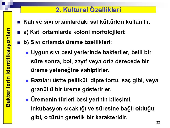 Bakterilerin İdentifikasyonları 2. Kültürel Özellikleri n Katı ve sıvı ortamlardaki saf kültürleri kullanılır. n