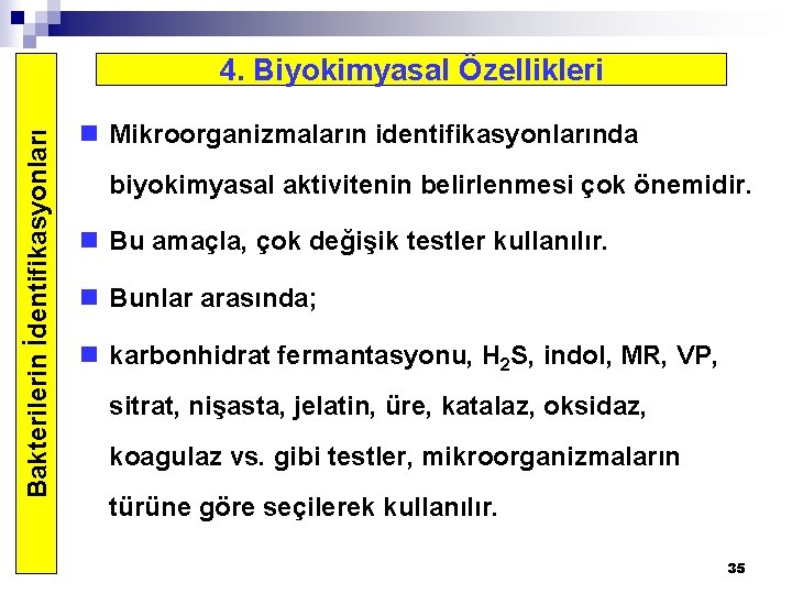 Bakterilerin İdentifikasyonları 4. Biyokimyasal Özellikleri n Mikroorganizmaların identifikasyonlarında biyokimyasal aktivitenin belirlenmesi çok önemidir. n