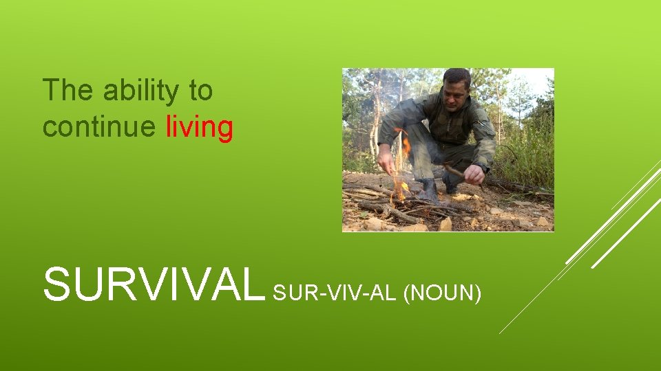 The ability to continue living SURVIVAL SUR-VIV-AL (NOUN) 