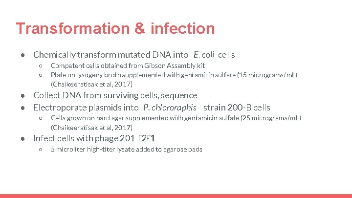 Transformation & infection ● Chemically transform mutated DNA into E. coli cells ○ ○
