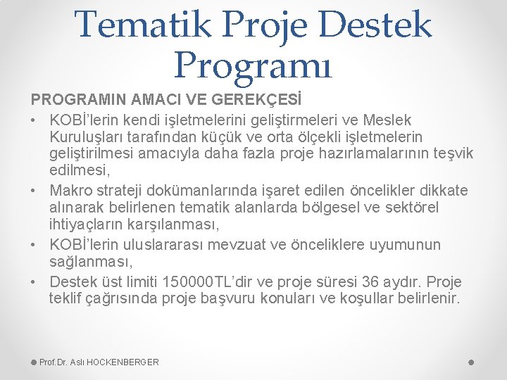 Tematik Proje Destek Programı PROGRAMIN AMACI VE GEREKÇESİ • KOBİ’lerin kendi işletmelerini geliştirmeleri ve