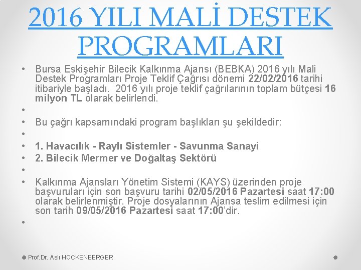 2016 YILI MALİ DESTEK PROGRAMLARI • Bursa Eskişehir Bilecik Kalkınma Ajansı (BEBKA) 2016 yılı