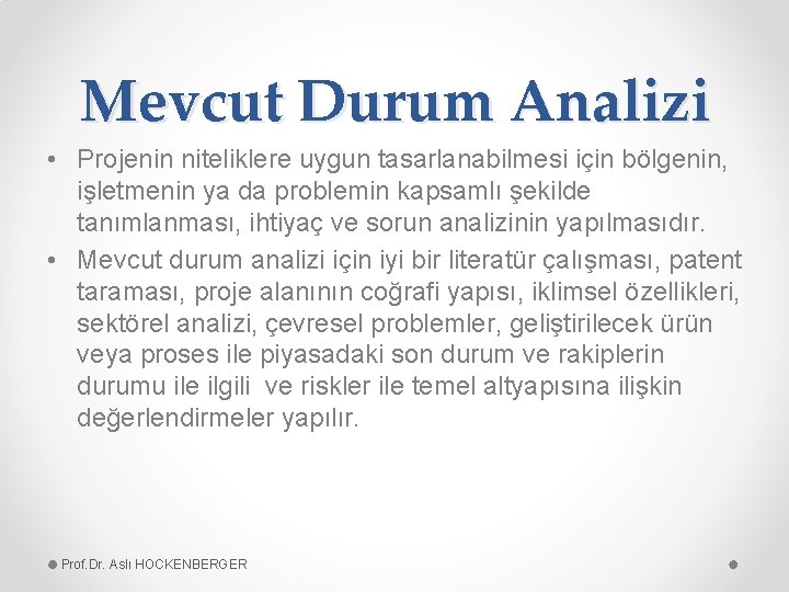 Mevcut Durum Analizi • Projenin niteliklere uygun tasarlanabilmesi için bölgenin, işletmenin ya da problemin