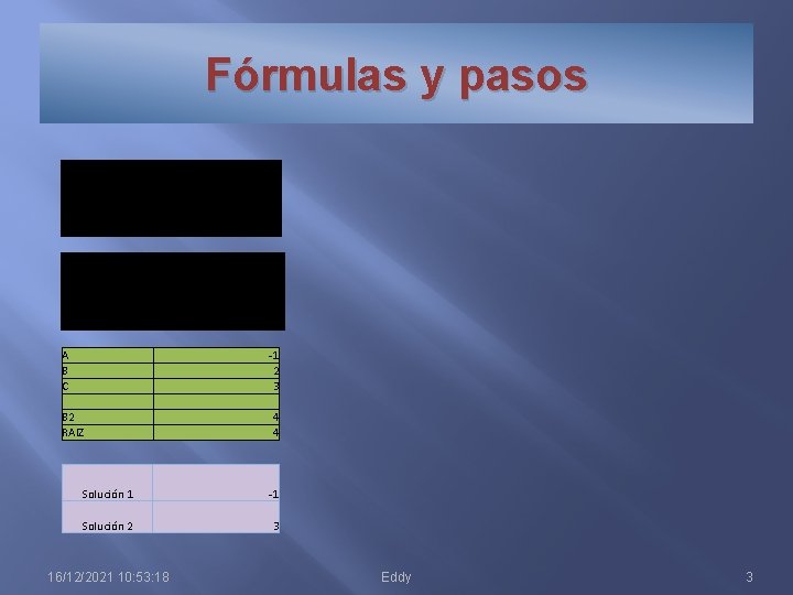 Fórmulas y pasos A B C -1 2 3 B 2 RAIZ 4 4