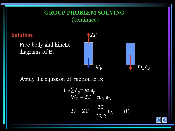 GROUP PROBLEM SOLVING (continued) 2 T Solution: Free-body and kinetic diagrams of B: =