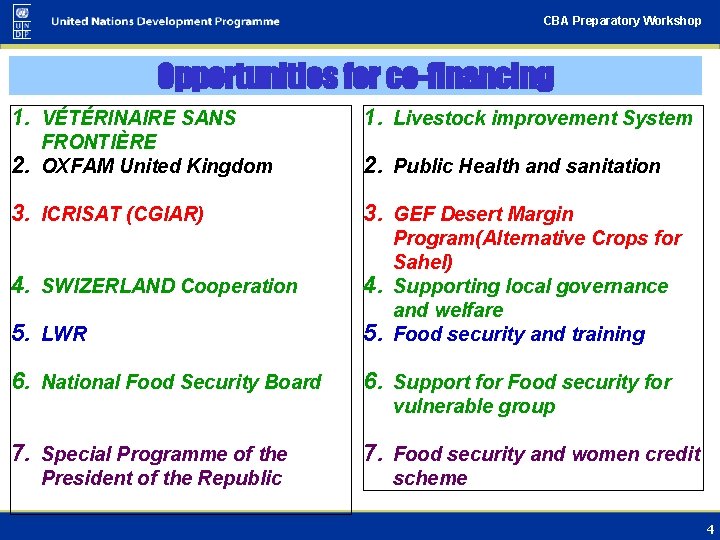 CBA Preparatory Workshop Opportunities for co-financing 1. VÉTÉRINAIRE SANS 2. FRONTIÈRE OXFAM United Kingdom