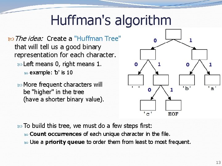 Huffman's algorithm The idea: Create a "Huffman Tree" that will tell us a good Huffman's algorithm The idea: Create a "Huffman Tree" that will tell us a good