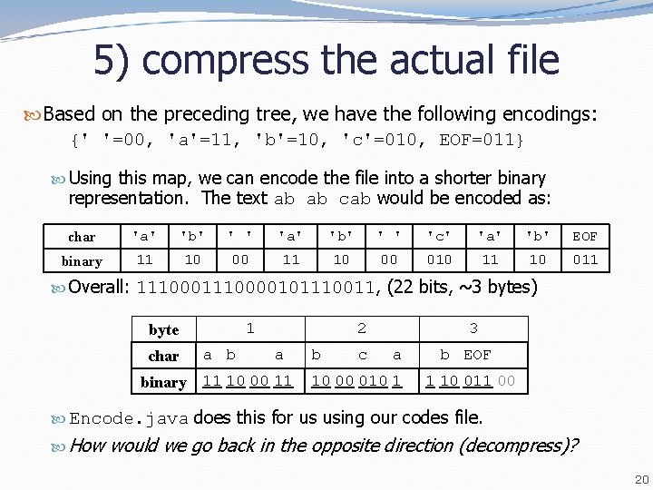 5) compress the actual file Based on the preceding tree, we have the following 5) compress the actual file Based on the preceding tree, we have the following