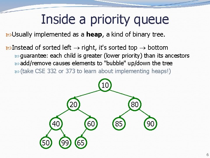Inside a priority queue Usually implemented as a heap, a kind of binary tree. Inside a priority queue Usually implemented as a heap, a kind of binary tree.