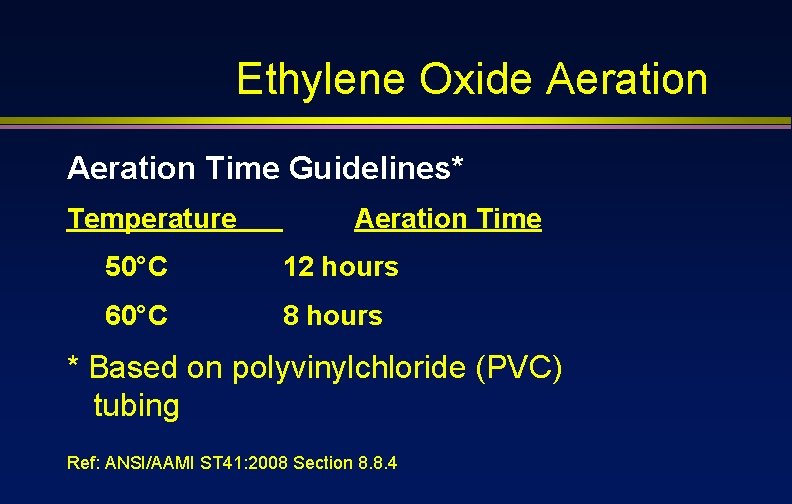 Ethylene Oxide Aeration Time Guidelines* Temperature Aeration Time 50°C 12 hours 60°C 8 hours