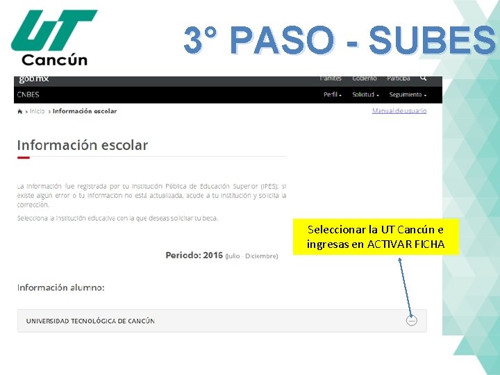 3° PASO - SUBES Seleccionar la UT Cancún e ingresas en ACTIVAR FICHA 