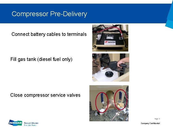 Compressor Pre-Delivery Connect battery cables to terminals Fill gas tank (diesel fuel only) Close