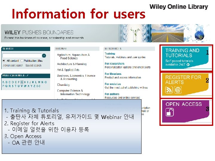 Information for users 1 2 1. Training & Tutorials - 출판사 자체 튜토리얼, 유저가이드