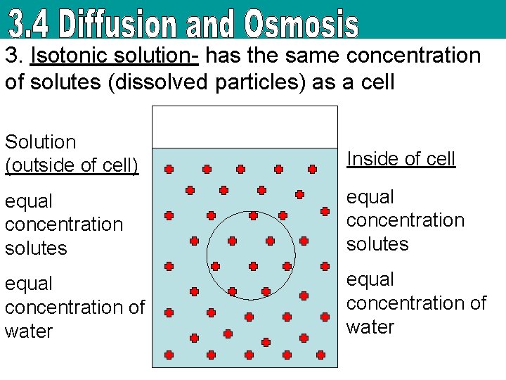 3. Isotonic solution- has the same concentration of solutes (dissolved particles) as a cell