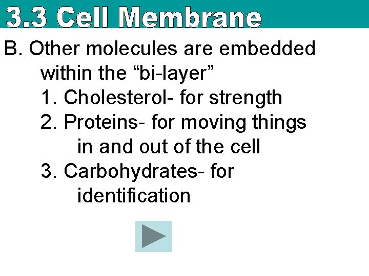 B. Other molecules are embedded within the “bi-layer” 1. Cholesterol- for strength 2. Proteins-