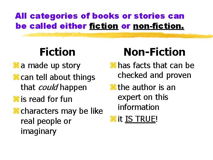 All categories of books or stories can be called either fiction or non-fiction. Fiction