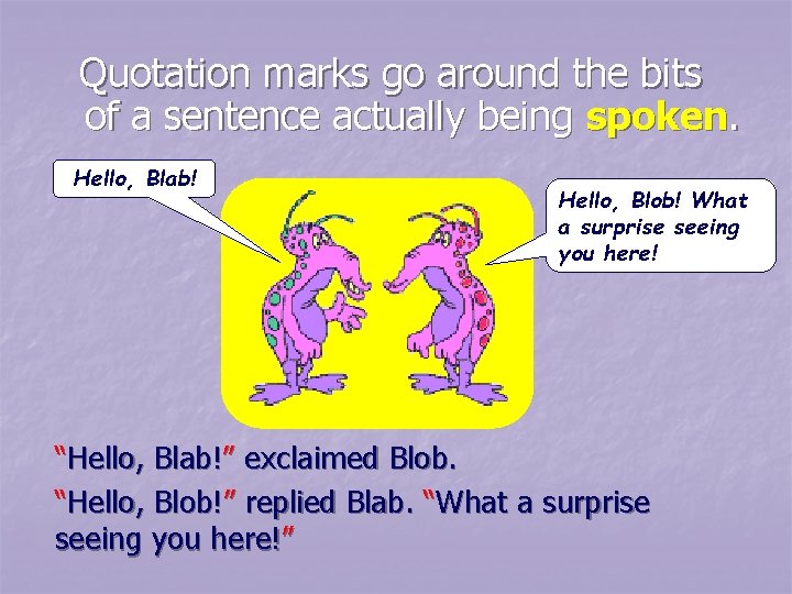 Quotation marks go around the bits of a sentence actually being spoken. Hello, Blab! Quotation marks go around the bits of a sentence actually being spoken. Hello, Blab!