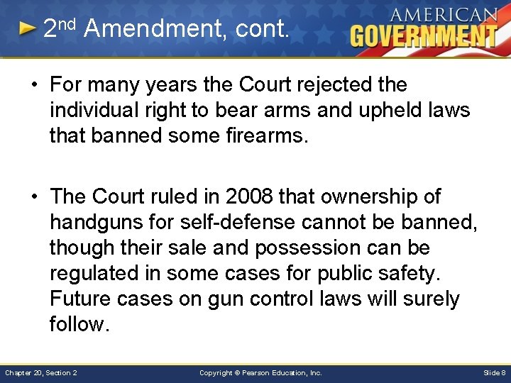 2 nd Amendment, cont. • For many years the Court rejected the individual right
