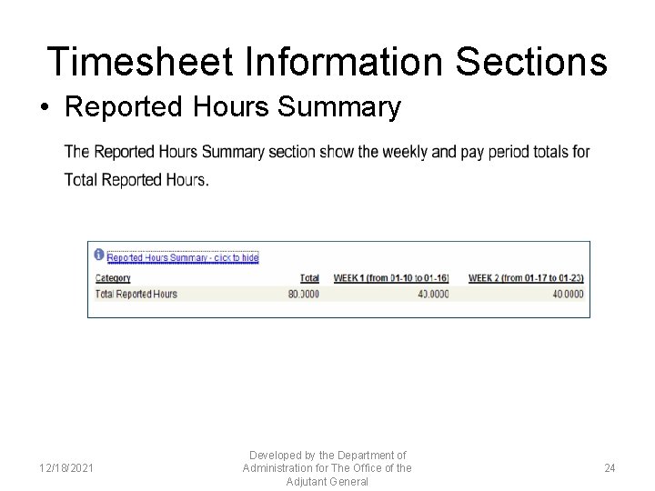 Timesheet Information Sections • Reported Hours Summary 12/18/2021 Developed by the Department of Administration