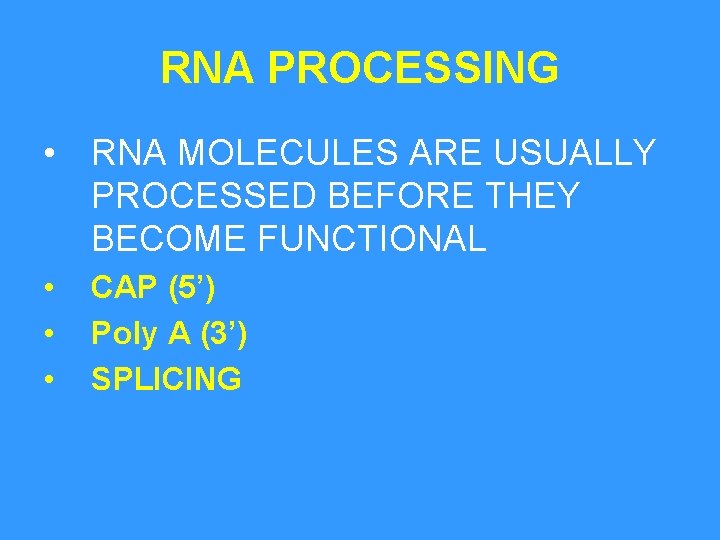 RNA PROCESSING • RNA MOLECULES ARE USUALLY PROCESSED BEFORE THEY BECOME FUNCTIONAL • •