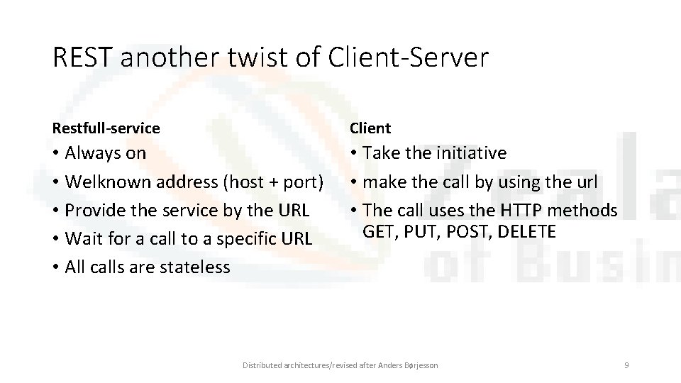 REST another twist of Client-Server Restfull-service Client • Always on • Welknown address (host