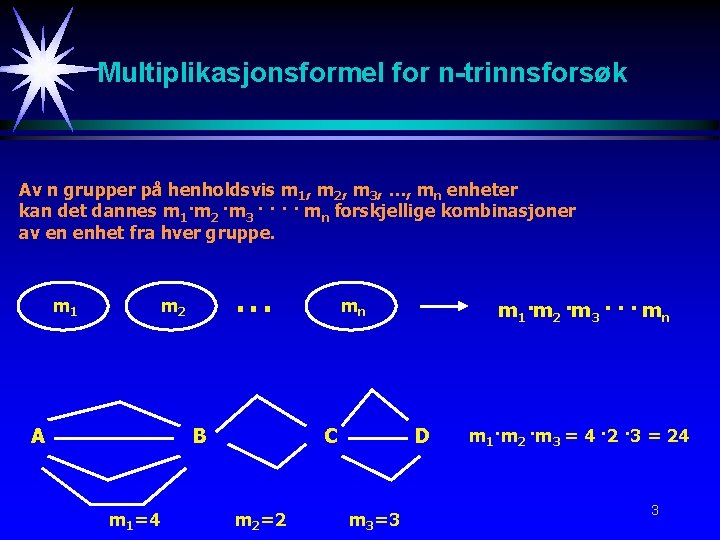 Multiplikasjonsformel for n-trinnsforsøk Av n grupper på henholdsvis m 1, m 2, m 3,