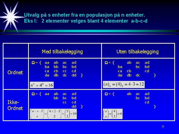 Utvalg på s enheter fra en populasjon på n enheter. Eks I: 2 elementer