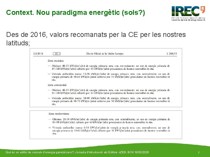 Context. Nou paradigma energètic (sols? ) Des de 2016, valors recomanats per la CE