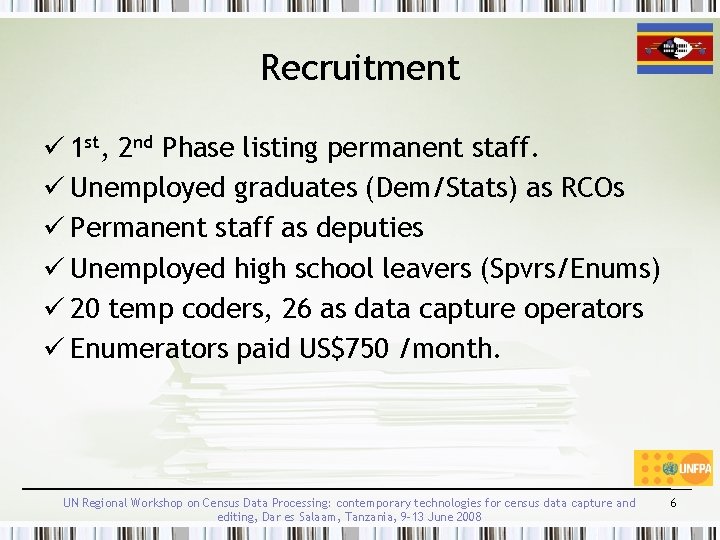 Recruitment ü 1 st, 2 nd Phase listing permanent staff. ü Unemployed graduates (Dem/Stats)