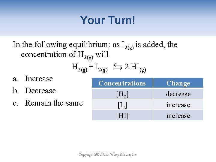 Your Turn! In the following equilibrium; as I 2(g) is added, the concentration of